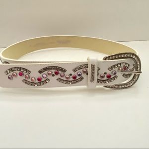 (C) Christine Alexander White Leather Bejeweled Rhinestone Accent Belt Size Med